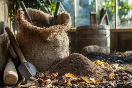 A tranquil vintage scene featuring a burlap sack filled with soil, a pile on the ground, and gardening tools, perfect for gardening enthusiasts.の素材