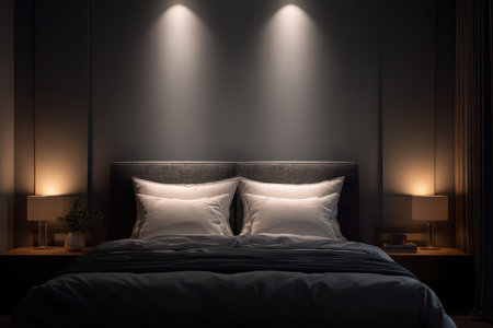 A beautifully designed modern bedroom featuring soft lighting, cozy bedding, and elegant decor. The warm ambiance creates a peaceful retreat for relaxation and rest.の素材