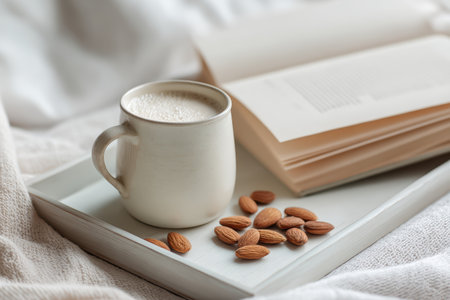 A serene and cozy morning scene featuring a coffee cup, almonds, and an open book on a stylish tray, perfect for creating a relaxing atmosphere.の素材
