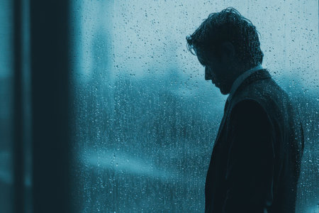 A thoughtful businessman stands in profile, behind a rain-soaked glass, evoking feelings of contemplation and solitude on a rainy day in the city.の素材