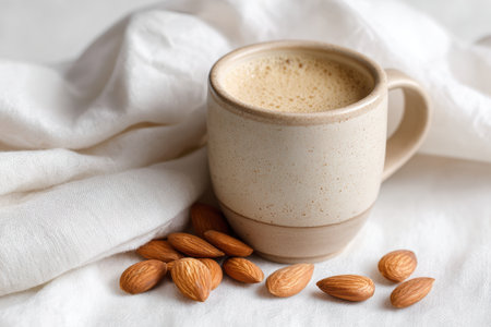 A cozy ceramic mug filled with warm coffee rests beside scattered almonds, set against a soft linen backdrop, creating a serene and inviting atmosphere.の素材