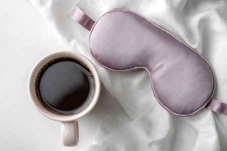 Enjoy a tranquil morning moment with a soothing cup of coffee and a soft sleep mask resting on a white cloth, perfect for relaxation and self-care.の素材