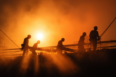 Silhouettes of construction workers carry materials against a stunning sunset backdrop. The scene captures the essence of hard work and teamwork in an industrial environment.の素材