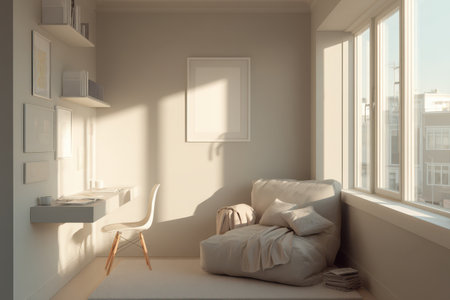 Bright and airy workspace features a minimalist desk, cozy armchair, and large windows letting in natural light, creating a serene and inviting environment.の素材