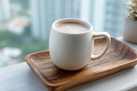 A cozy white mug filled with a hot beverage, placed on a wooden tray against a beautiful city skyline. Ideal for lifestyle and comfort themes.の素材