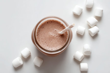 Enjoy a top view of a creamy chocolate drink adorned with fluffy marshmallows, perfect for cozy gatherings or a sweet indulgence on a chilly day.の素材