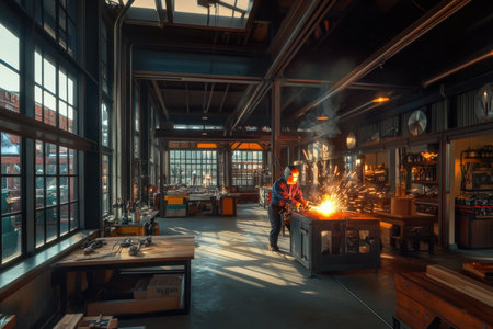 A dedicated craftsperson engages in metalwork within a well-lit workshop, surrounded by tools and materials, creating artistic pieces with flying sparks and focused intent.の素材