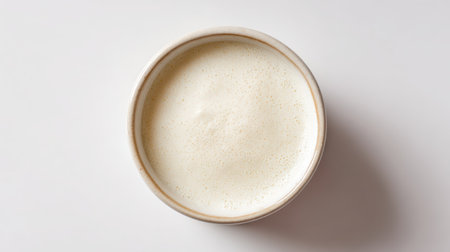 An artistic close-up of creamy foam in a bowl, resting on a minimalist white surface. Perfect for food-related themes and modern kitchen aesthetics.の素材