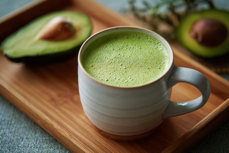 A vibrant green matcha drink with creamy avocado, served in a stylish mug on a wooden tray. Perfect for healthy mornings or relaxing moments. Enjoy the natural flavors!の素材