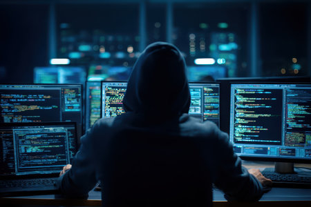 A solitary programmer in a hoodie focuses on multiple computer screens filled with code and data, creating a mysterious atmosphere of technology and innovation.の素材