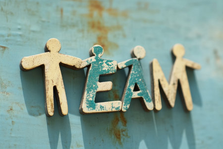 This artistic representation of teamwork showcases colorful wooden letters against a blue background, symbolizing unity and collaboration within groups.の素材