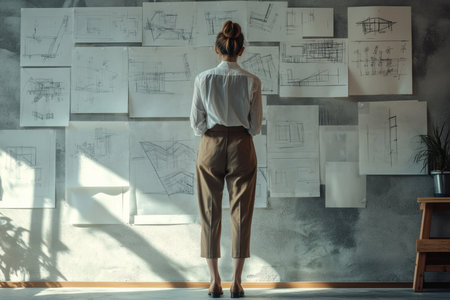 A creative professional stands in a stylish studio, analyzing sketches and papers on the wall, symbolizing dedication to architectural innovation and design.の素材