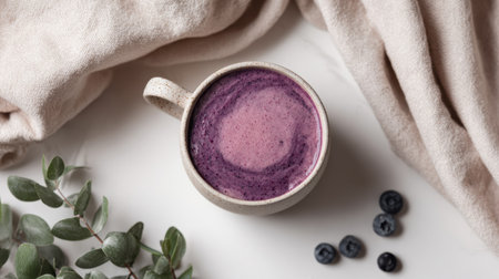 A delightful creamy purple smoothie served in a textured clay mug, showcasing vibrant colors and natural ingredients, perfect for a healthy lifestyle.の素材
