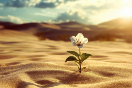 A solitary white flower emerges from golden sand under the gentle glow of sunlight, representing resilience and beauty in a harsh desert landscape.の素材