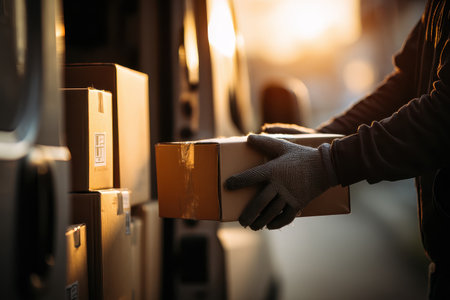 A delivery person carefully handles a package during sunset, capturing the essence of logistics and the hard work associated with urban deliveries.の素材