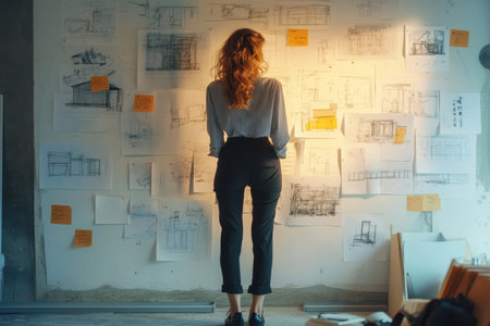 A creative professional stands in a modern workspace, analyzing architectural designs surrounded by sketches and notes, inspiring innovative ideas.の素材