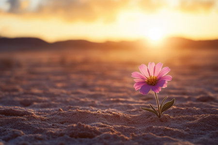 A solitary pink flower stands out against sandy ground during a stunning sunset, showcasing natureの素材