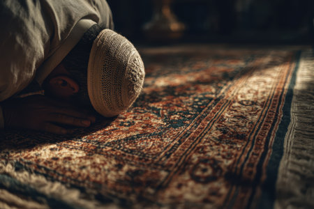 A man in a prayer position on a beautifully patterned carpet, highlighting devotion and spirituality in a serene atmosphere. The image captures a moment of reflection and tranquility.の素材