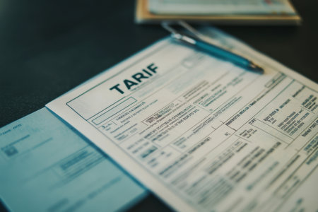 Close-up view of a tarif document with a pen resting on it, representing financial or administrative paperwork on a desk, ideal for business and analysis contexts.の素材