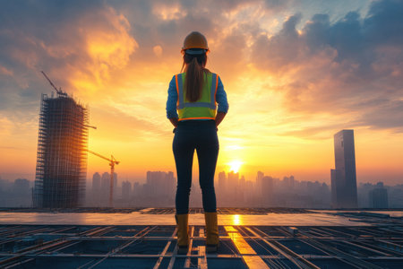 A determined female construction worker stands overlooking a vibrant city skyline at sunset, surrounded by cranes and building structures.の素材