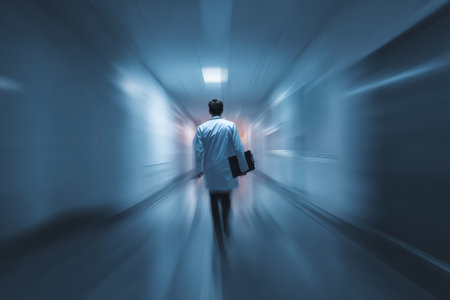 A male doctor in a white coat walks down a hospital corridor, creating a motion blur effect. This dynamic scene captures the essence of healthcare and professionalism.の素材