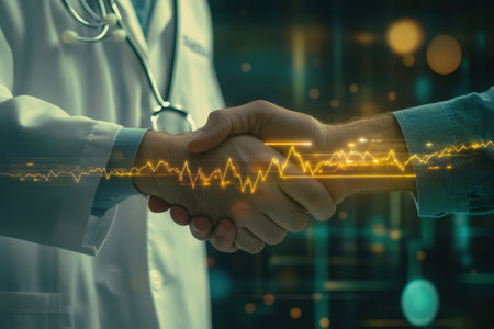 A doctor and patient shake hands, symbolizing a strong partnership in healthcare. The background features abstract digital elements, representing technology.の素材
