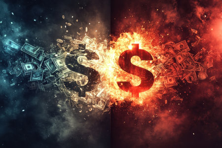 An explosive visual representation of financial conflict, showcasing dollar symbols amid contrasting smoke in vibrant colors, symbolizing wealth dynamics in today's economy.の素材