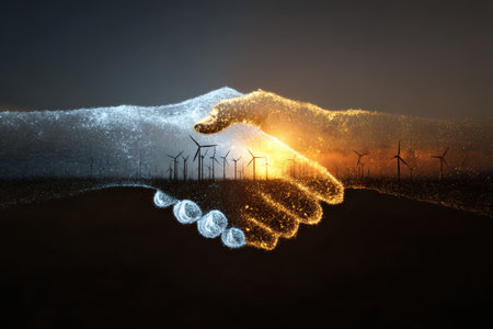 A visually striking image of two hands shaking, crafted from glowing particles, represents harmony and collaboration in renewable energy amidst wind turbines at sunset.の素材