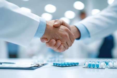 Two doctors shake hands in a bright medical office, symbolizing partnership and collaboration. Pills are neatly arranged on the table, indicating a professional setting.の素材