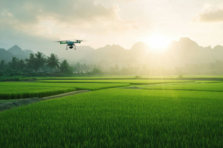 A mesmerizing view of a drone hovering above lush green rice fields at sunrise. The mountains in the background create a tranquil rural scene illuminated by soft morning light.の素材