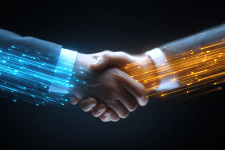 Hands coming together in a handshake are surrounded by dynamic light trails, symbolizing a strong partnership and collaboration in the modern business landscape.の素材