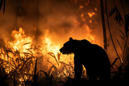 A striking silhouette of a bear stands before a raging forest fire, showcasing the intense battle between wildlife and destructive forces of nature.の素材