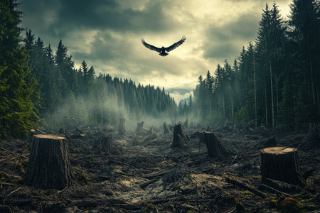 A striking image highlighting the dark consequences of deforestation, featuring tree stumps, a moody sky, and an eagle soaring above the devastated landscape.の素材