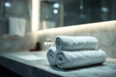 A stack of soft white towels arranged neatly on a marble bathroom counter with soft lighting, creating a serene and luxurious ambiance perfect for relaxation.の素材