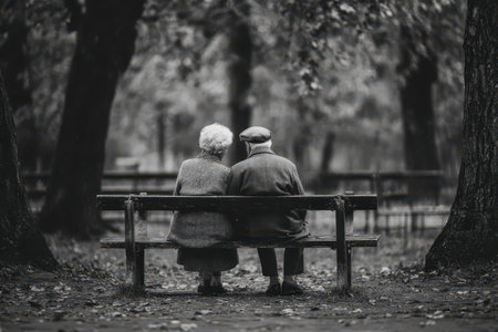 A touching black and white photograph of an elderly couple sitting closely on a bench in a serene park. Their shared warmth and connection evoke timeless love.の素材