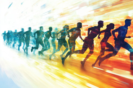 A captivating image showcasing moving silhouettes of runners, exemplifying energy and determination with vibrant colors and a blurred background symbolizing speed and motion.の素材