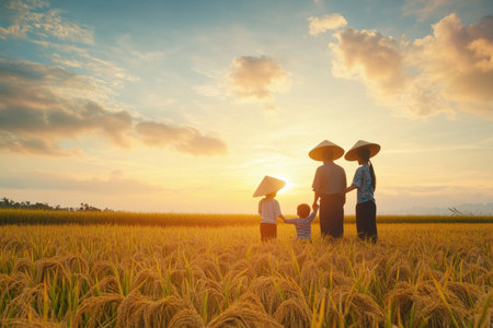 A family stands hand in hand in a golden rice field, wearing straw hats, capturing a moment of togetherness during a serene sunset.の素材