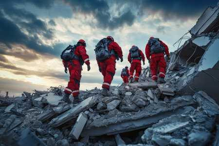A group of emergency responders in red suits climbs over rubble at a disaster site during a rescue mission, showcasing teamwork and resilience against adversity.の素材