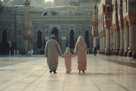 A family peacefully walks hand in hand through a sacred courtyard during dusk, embodying love and unity in a rich cultural and spiritual setting.の素材