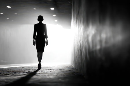 A glamorous woman is seen in silhouette as she walks through a dim tunnel, showcasing a powerful and elegant presence. The play of light creates a dramatic atmosphere.の素材