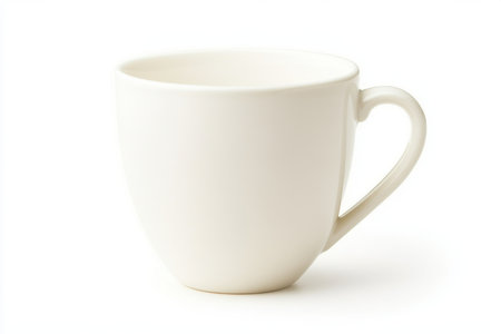 This elegant white ceramic cup features a smooth surface and a curved handle, making it ideal for enjoying coffee or tea. Perfect for any setting.の素材