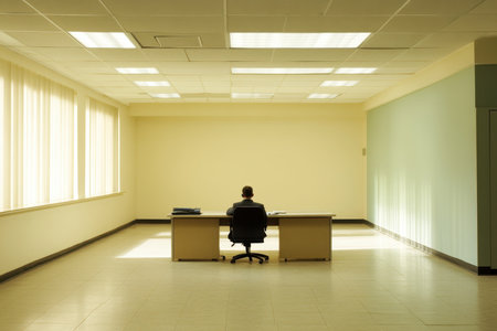 A serene office environment featuring a solitary person seated at a desk, surrounded by spacious, minimalist design elements, ideal for concepts of solitude and focus.の素材