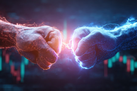 Dynamic clash of two fists generating electric energy symbolizes competition and power. A vibrant digital artwork showcasing intensity, conflict, and technology.の素材
