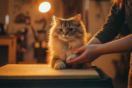 A fluffy cat enjoys gentle grooming by a caring hand in a warmly lit home. The scene captures tranquility and intimacy between pet and owner.の素材