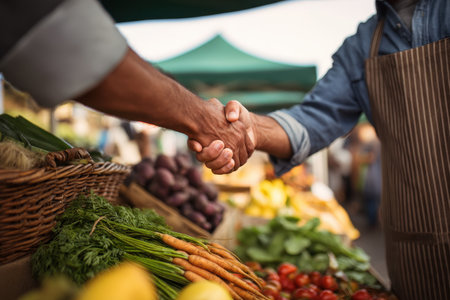 This image captures a farmer and customer shaking hands at an outdoor market, showcasing fresh produce. The scene reflects connection and community spirit in local agriculture.の素材