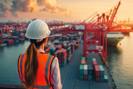 A female worker in a safety vest and helmet observes active shipping operations at a port during a stunning sunset, surrounded by cargo containers and cranes.の素材