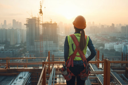A female construction worker wearing safety gear stands confidently on a building site, observing an urban skyline at sunset, highlighting construction progress and industry dedication.の素材
