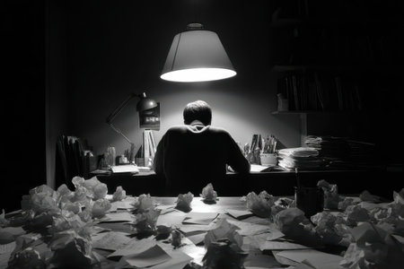 A solo figure sits at a desk illuminated by a bright lamp, immersed in work. Crumpled papers scatter the surface, symbolizing creative struggle and persistence.の素材