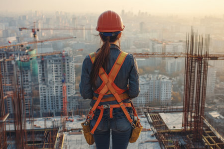 A focused female construction worker in an orange harness and safety helmet admires the city skyline at sunset from a high-rise building under construction.の素材