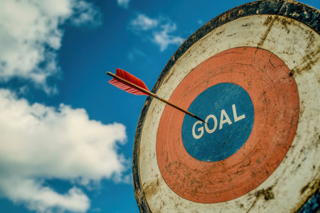 An arrow is perfectly positioned in the center of a target labeled "Goal," set against a vibrant blue sky with soft clouds, symbolizing achievement and motivation.の素材